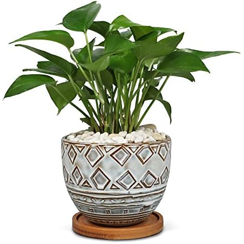 5.5in Large Ceramic Round Planter Brown Geometry Succulent Planter Flower Pots Outdoor Indoor Planter with Bamboo Tray Cover