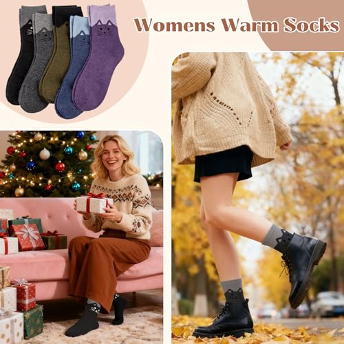 Image of Justay 5 Pairs Womens Wool Socks Thick Warm Winter Socks Casual Cozy Socks Vintage Knit Crew Socks Gift for Women