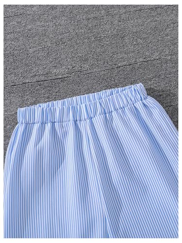 Image of MakeMeChic Girl's 2 Piece Outfit Striped Long Sleeve Button Down Shirts and Elastic Waist Pants Set Light Blue 9Y
