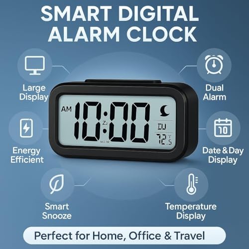 Image of Hiply Digital Alarm Clock with Large LCD Display, Auto Brightness Sensor, Dual Alarm Snooze Function, Date Day Temperature Display - Compact Bedside Table Clock for Bedroom, Office & Travel