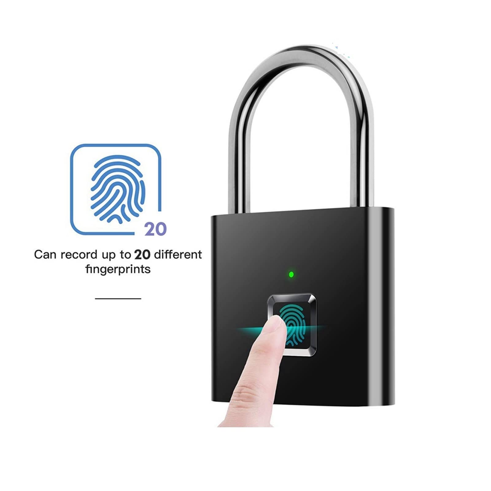 Candado sin llave con huella dactilar, Candado de huella digital inteligente, aleación de zinc recargable por USB, desbloqueo por aplicación, multicolor(Black)