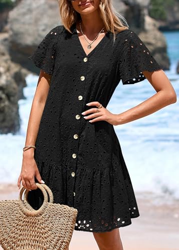 Image of KIRUNDO Eyelet Dresses for Women Button Down Mini Babydoll