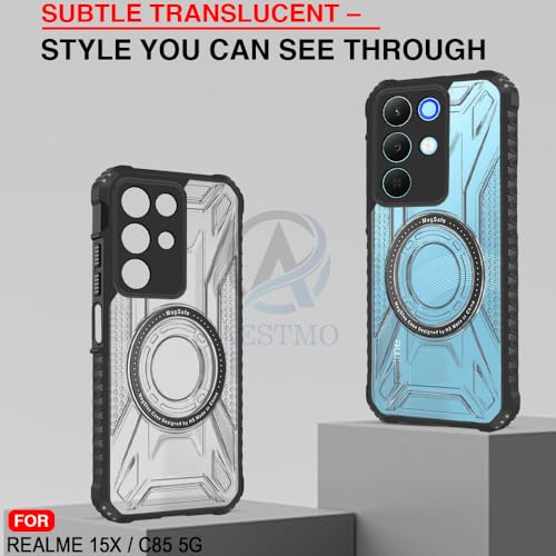 Image of AESTMO Hybrid Shockproof Back Cover Case for Realme 15X 5G / C85 5G Compatible with MagSafe | Hard Back Case Cover for Realme 15X 5G / C85 5G (PC & TPU, Translucent Back, Black Sides)