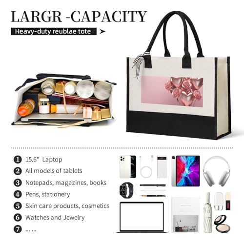 Canvas Tote Bag for Women Beach Tote Purse Reusable Grocery Bag Pink Rose Balloon Heart Aesthetic Shopping Bags4