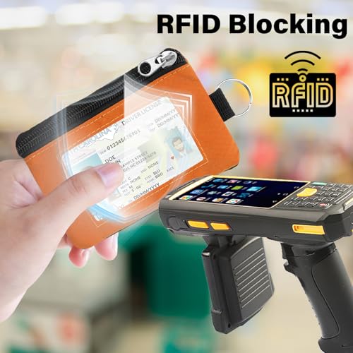 Image of Minimalist RFID Wallet with Lanyard, Multi-Functional ID Case with 2 Zipper Pockets and Key Chain for Men and Women, Tactical Badge Pouch Cards Holder, Coin Purse for Travel Sports - Orange