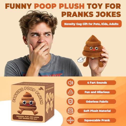 Funny Poop Plush Toy with 4 Fart Sounds – Fart Blaster Noise Maker – Realistic Fake Poop for Pranks, Jokes – Funny Gag Gift for Pets, Kids, Adults