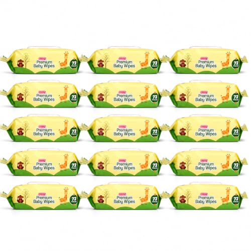 Image of Happy Premium Baby Wipes Export Quality with Aloe Vera & Vitamin E Alcohol-Free, Dermatologically Safe & pH Balanced | Gentle Skin Care for Newborns & Toddlers | Flip-Top Lid for Lasting Moisture (1080, 72 count (Pack of 15))
