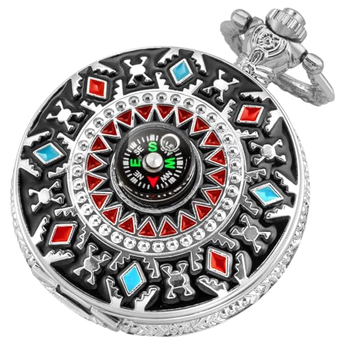 Retro Pocket Watch Relief Art American Southwest Cross Totem Compass Case Quartz Pocket Watch with Chain Christmas Graduation Birthday Gifts(Silver)
