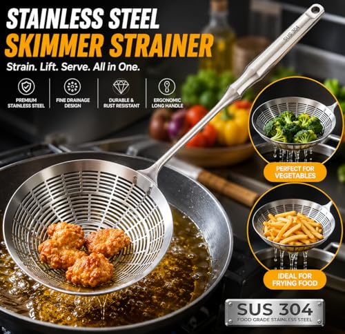 Image of 304 Stainless Steel Cooking Skimmer Jhara with Long Handle, Heavy Duty Spider Strainer Slotted Spoon for Deep Frying, Oil Draining, Pasta, Noodles, Poached Egg, Pakora, Puri & Fries Cooking (Set of 1)