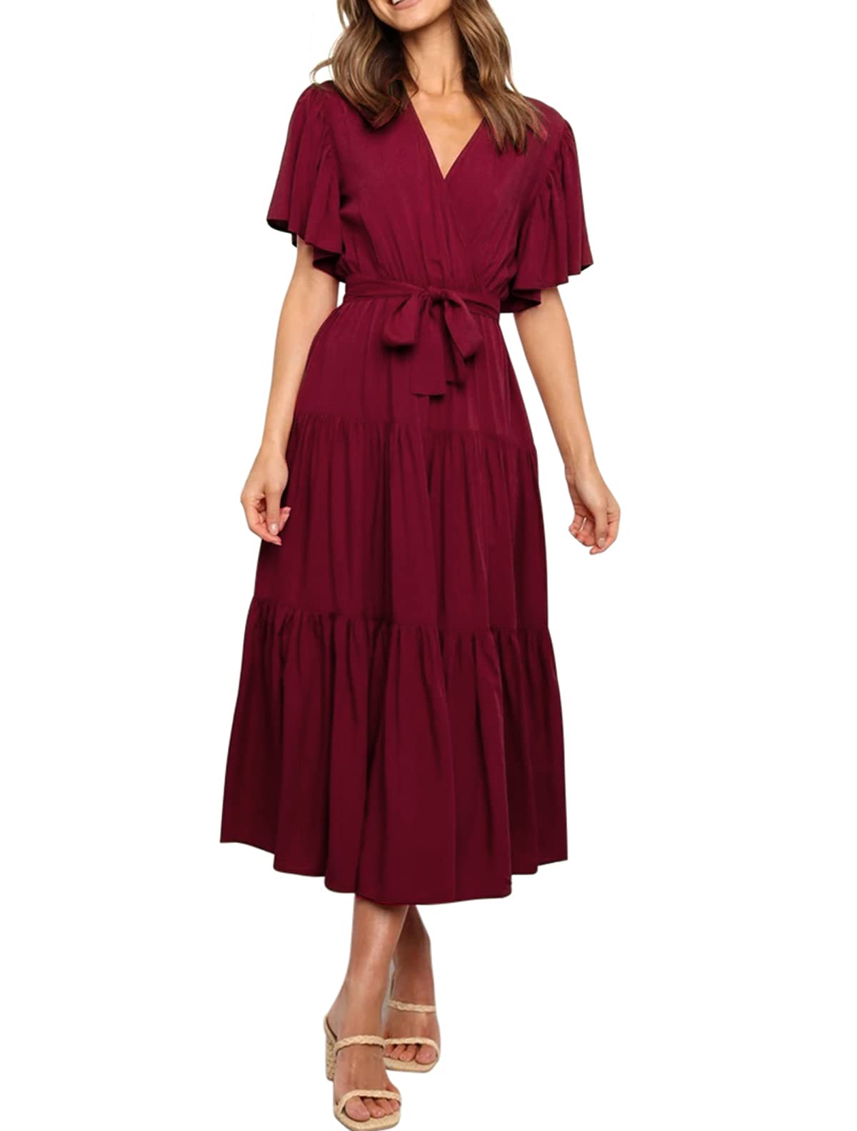 R.Vivimos Summer Dress for Women Cotton Ruffle Short Sleeves V Neck Casual Flowy Midi Dress with Belt