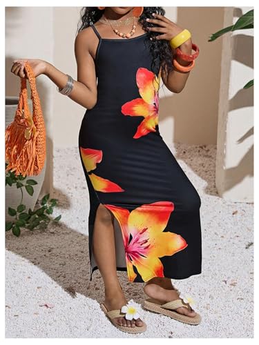 Girl's Floral Cami Dress Spaghetti Strap Split Thigh Summer Vacation Maxi Dresses3