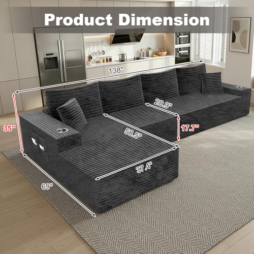 Image of 106 inch Cloud Sectional Couch with Ottoman, Modern U Shaped Corduroy Sofa, Higher 17.7 inch Seat Height, 32D Pure Foam, Built in Cup Holders, No Assembly Required (Dark Gray, Left Facing Chaise)