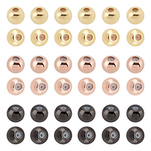 SUPERFINDINGS 60Pcs Rubber Hole Round Brass Beads 3 Colors 4x3mm Stopper Positioning Spacer Beads Slider Beads with Smooth Hole Solid Weight for Bracelet Necklace Jewelry Making