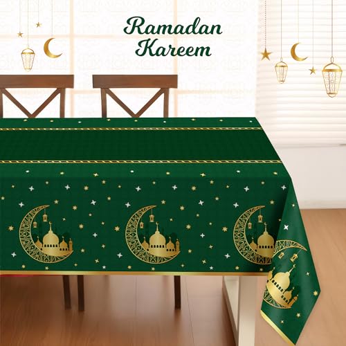 Image of Childom 3 Pack Ramadan Table Cloth,Ramadan Decorations for Home,54 inch x 108 inch Eid Mubarak Decorations,Eid Ramadan Tablecloths Rectangular,Green Plastic Table Cloth Disposable Table Cover for Party Favors