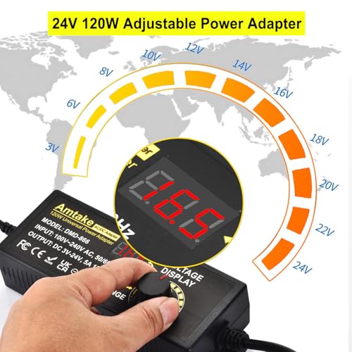 Universal Power Supply Adjustable AC to DC 3V ~ 24V Variable Switching AC/DC Adapter 5A 120W with LED Voltage Display and 5.5 x 2.5 mm 14 Tips for Household Electronics, DC Motor2