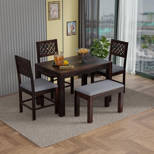 Image of 45 Inch Length Solid Sheesham Wood 4 Seater Dining Table Set | Four Seater Dinner Table with 3 Grey Cushions Chairs & 1 Bench | Dinning Table Set 4 Seater for Living Room |Walnut Finish
