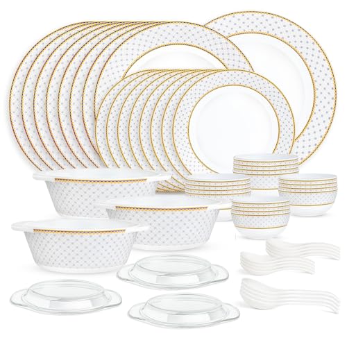 Image of Larah by Borosil 51pc Opalware Kosmia Dinner Set for Family of 8 | Microwave & Dishwasher Safe Crockery Set for Dining & Gifting | Plates & Bowls