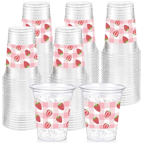 Funnymoom 60 Pack Strawberry Plastic Cups 12 oz Pink Gingham Disposable Clear Plastic Drinking Cups for Summer Fruit Theme Baby Shower Birthday Holiday Party Decoration Supplies