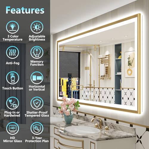 Image of 72x36 Gold Beveled LED Bathroom Mirror Backlit & Front Lit Anti-Fog | Brushed Gold Framed, Anti-Fog Lighted Vanity Mirror, Dimmable, 3-Color Light, Memory, CRI95, HD Tempered Glass, UL Listed