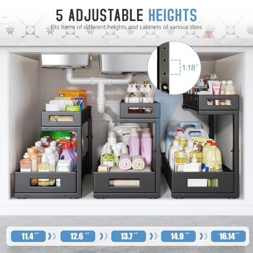 Image of 2 Pack 20.47IN Depth Under Sink Storage Organizer, Large 2-Tier Elegant Mesh Pull Out Shelf for Kitchen and Bathroom Cabinet Organization, L-Shaped and Adjustable Height Design-Black