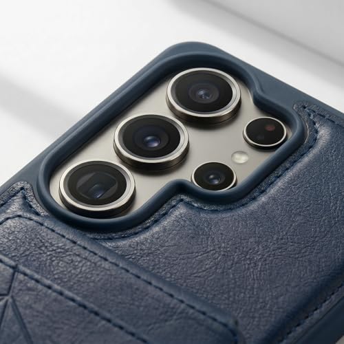 Image of amazon basics Premium Vegan Leather Back Cover with Card Holder and Integrated Mobile Stand for Samsung Galaxy S26 Ultra 5G - Slim Shockproof Wallet Case with Geometric Stitching [Blue]
