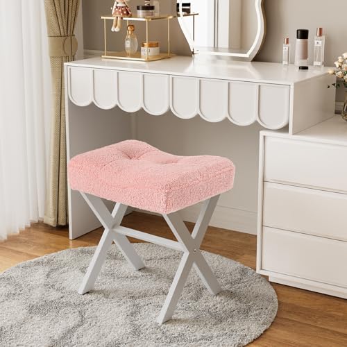 Image of Memobarco 18-Inch Vanity Stool Chair, Vanity Bench with Metal X-Legs, Ottoman Accent Stool with Breathable and Soft Boucle Fabric Saddle Seat, Pink
