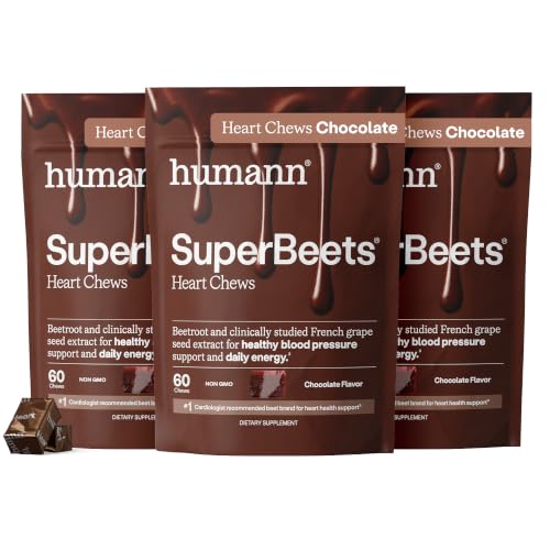 Image of HumanN SuperBeets Heart Chews, Nitric Oxide and Blood Pressure Support, Grape Seed Extract & Non-GMO Beet Root Powder Energy Supplement, Chocolate Flavor, 180 Count