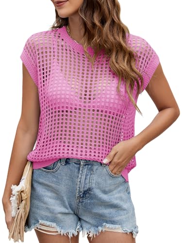 Image of Womens Summer Crochet Tops Hollow Out Cap Sleeve Cover Up Tank Top Pullover Sweater Vest Beach Vacation Clothes