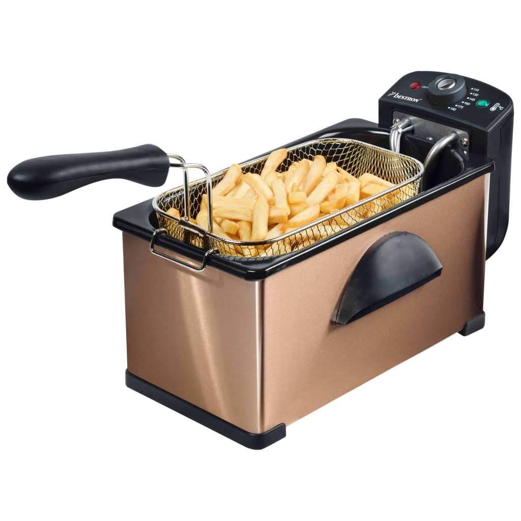 Bestron Friggitrice, friggitrice ad olio con tecnologia a zona fredda, 3,5 litri, con controllo della temperatura, lavabile in lavastoviglie, 2000 watt, colore: Rame
