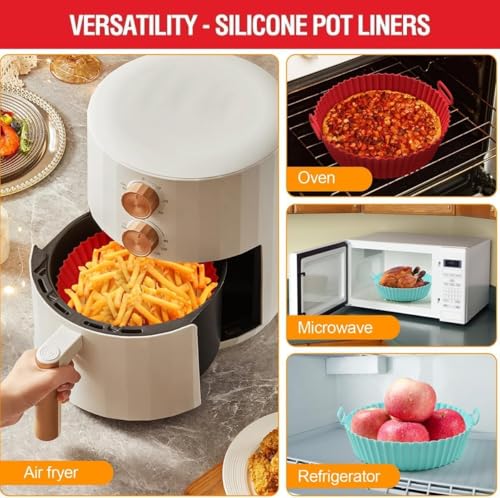 Image of Air Fryer Package - 6 Pack Air Fryer Liners & Accessories - 8.5 inch (5-9 Qt) Food Grade BPA-Free Reusable Silicone Baskets /Pots /Liners 9 Inch Tongs (RD PO2 with Tongs)