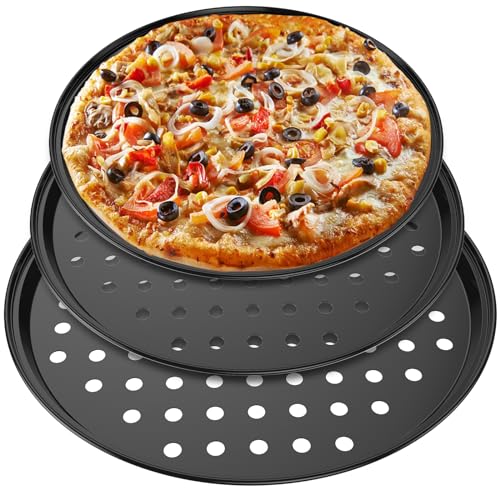 LYDODOKA Pizza Pan for Oven, Round Pizza Pan with Holes, Non-Stick Carbon Steel Pizza Tray, Pizza Baking Sheet for Cooking, Baking and Grilling - Dishwasher Safe (3-Set-Size), Black