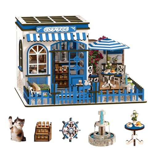 Kit de casa de muñecas en miniatura de café, mini casa de muñecas hecha a mano con luz LED, regalos creativos para amigos y padres