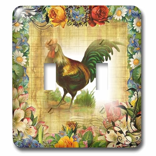 3dRose Country Rooster On Flowered Old Postcard double toggle switch