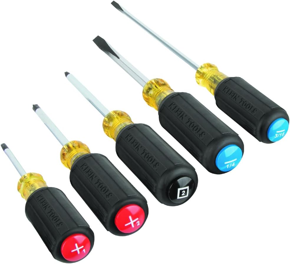 80031C 5-Piece Color-Coded Screwdriver Set with Precision Tips and Cushion Grip Handles, Made in USA, 2 Slotted, 2 Phillips, 1 Square