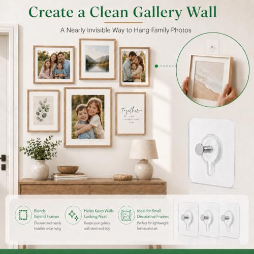 Image of 15Pcs Picture Hangers Without Nails, Heavy Duty Adhesive Wall Hooks 33 lbs, No Drill Damage-Free Hanging Strips for Picture Frames, Photos & Canvas, Bathroom, Kitchen, Apartment,Transparent