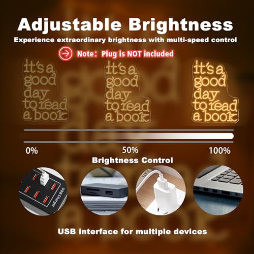 Image of Book Neon Sign for Reading Nook Decor Reading Wall Sign for Book Lovers USB Powered Dimmable LED Neon Light with 5 Brightness Levels Bookish Bedroom Decor It's a Good Day to Read a Book
