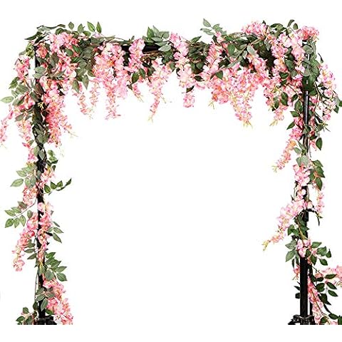 LESHABAYER 5.6 Feet/pcs Artificial Silk Wisteria Vine Rattan Hanging Flower Garland Ivy Plants for Outdoor Wedding Party Home Garden Wall Decoration,Pack of 4 (Pink) Cover
