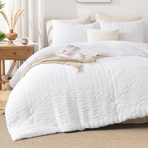 AveLom Seersucker Twin/Twin XL Comforter Set (68 x 90 inches), 2 Pieces - 100% Soft Microfiber Lightweight Comforter with 1 Pillowcase, All Season Down Alternative Comforter Set for Bedding, White
