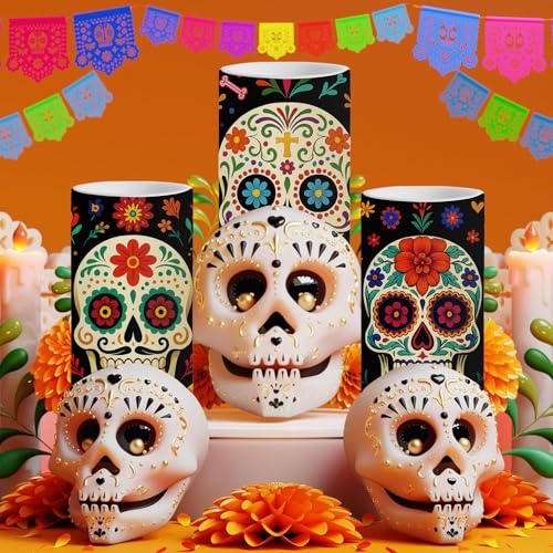 Image of Dia De Los Muertos Flameless Candles with Timer Remote 3 Pack | Halloween Flameless LED Candle Battery Operated Sugar Skull Day of The Dead Decoration
