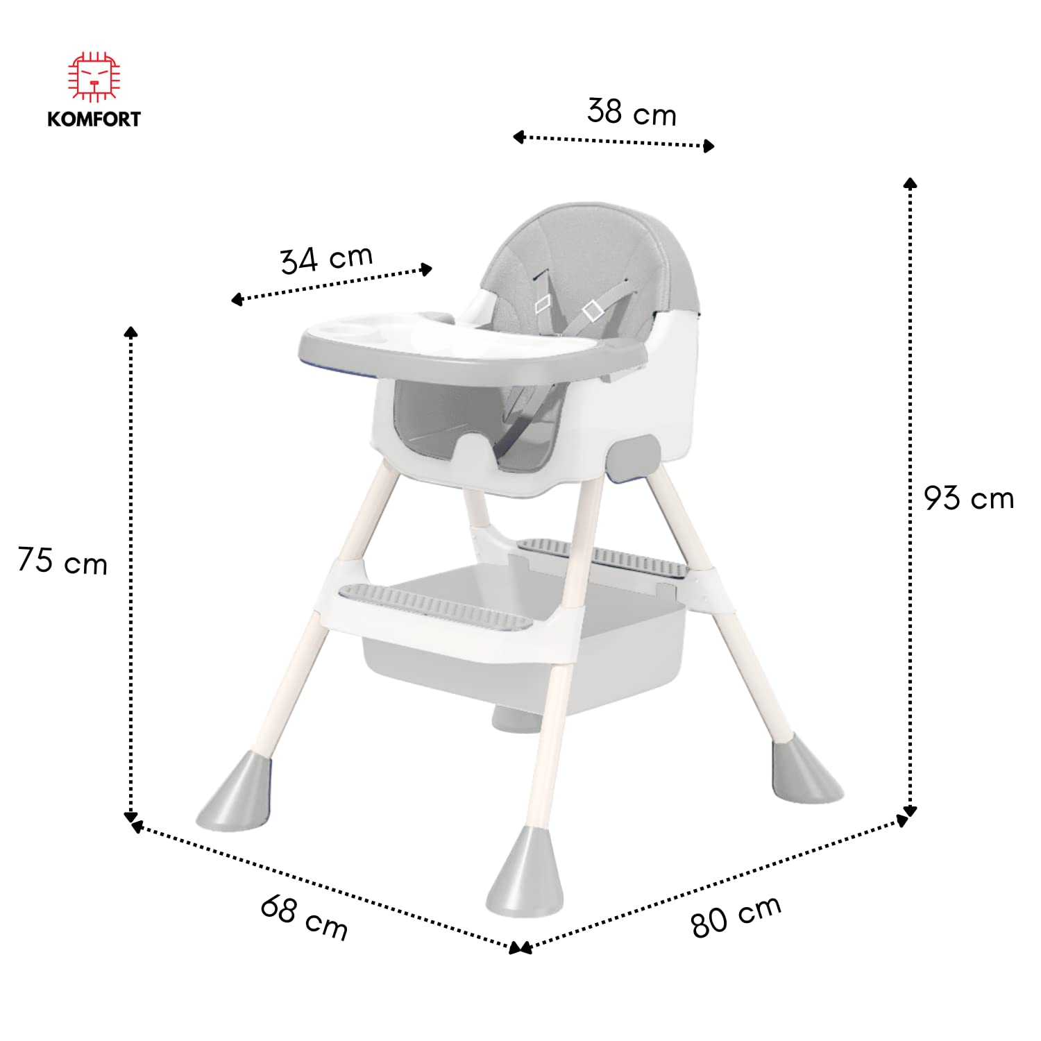 Komfort Silla Alta Periquera Para Bebe Desmontable Con Bandeja Para Comer (Gris) Bebé