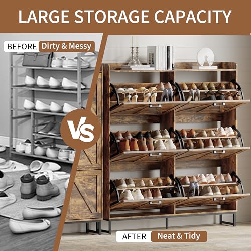 Image of Shoe Cabinet with 6 Flip Drawers, Freestanding Hidden Shoe Storage Organizer for Entryway, Narrow Slim Shoe Rack Cabinet with Open Storage & Hooks for Front Door Entrance, Living Room, Hallway, Brown
