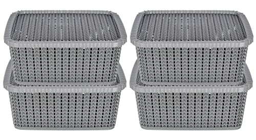 Heart Home Multipurposes Large M 20 Plastic Basket, Organizer For Kitchen, Countertops, Cabinets, Bathroom With Lids- Pack Of 4 (Grey) -46Hh076
