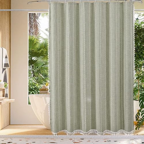 Colorigan Boho Farmhouse Shower Curtain - Linen Rustic Heavy Duty Fabric Shower Curtain Set With Tassel, Water Repellent Cloth, Modern Bohemian Chic Country Bathroom Shower Curtains #TOP1