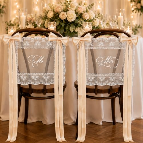 Mr and Mrs Wedding Chair Signs Set of 2, Lace Bride and Groom Chair Back Banners with Ribbon, Sheer Wedding Chair Decorations for Reception Ceremony Sweetheart Table Decor