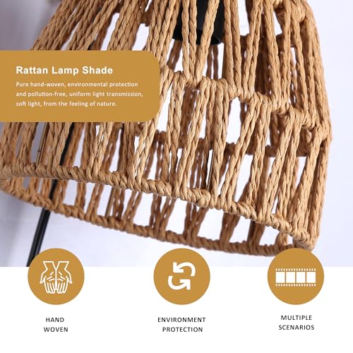 Image of SUNLLOK Modern Plug in Bamboo Wall Light Fixture - Basket Rattan Lampshade Chandelier Hanging Wall Mounted Lamp with Switch, Indoor Wood Wicker Wall Sconces for Kitchen Island Living Room Restaurant