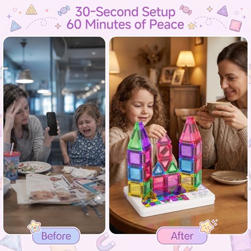 Image of Magnetic Tiles for Kids Travel: 40pcs Portable Mini Building Toy | 30-Sec Iron Case Opens Into 10.6-Inch Play Board - STEM Gift for Toddlers Ages 3-6 - Airplane Road Trip Restaurant