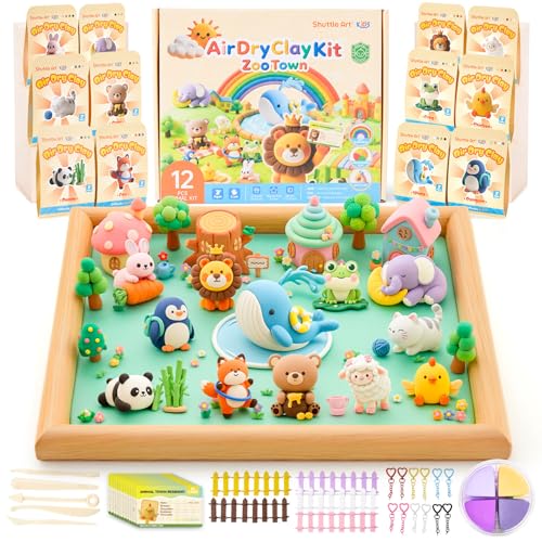 Shuttle Art Pâte à Modeler à Séchage à l'Air, 55 Pièces 12 Boîtes de Air Dry Clay à Thème Animalier avec Outils et Tutoriels, Sûre et Non Collante,...
