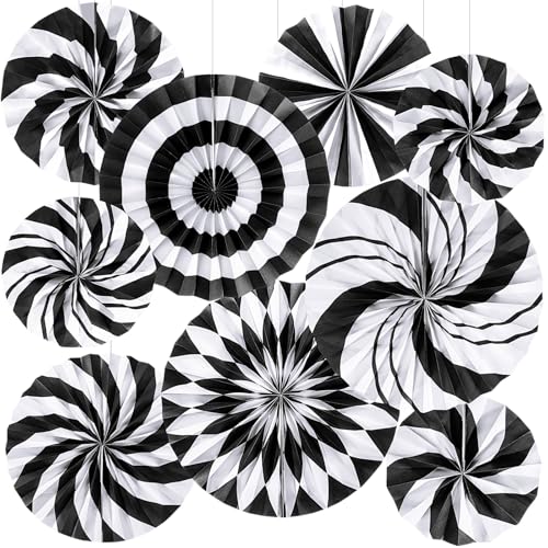 Outus 9 Pcs Black and White Paper Fans Classroom Decorations Candy Paper Fans Peppermint Hanging Candy Cane Ceiling Wall Decor for Halloween Party Back to School Classroom Birthday Party Decoration