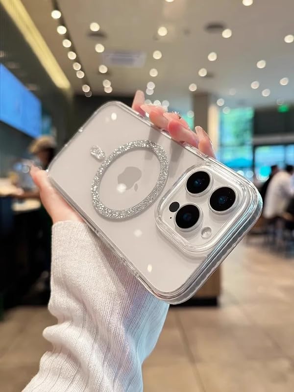 Image of COVERLY Ultra Thin Slim Sleek Hard Transparent Shinny Glitter Magnetic Ring Mag-Safe Case for iPhone 15 Pro Max Shockproof Case PC Clear Bling Spakly Cover