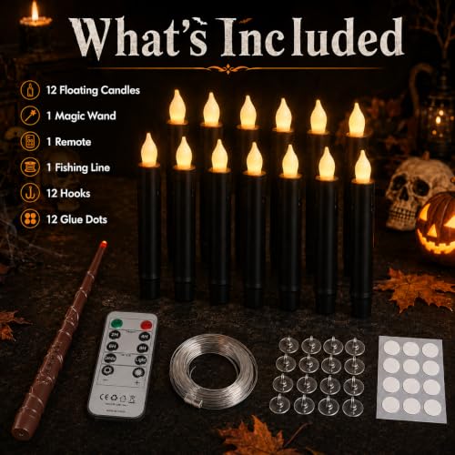 Image of Lezonic 12Pcs Floating Candles with Wand and Remote, Magic Black Flameless Candles Battery Operated, Flikering Hanging LED Taper Candlesticks Halloween Decorations, 0.8 inch x 6 inch